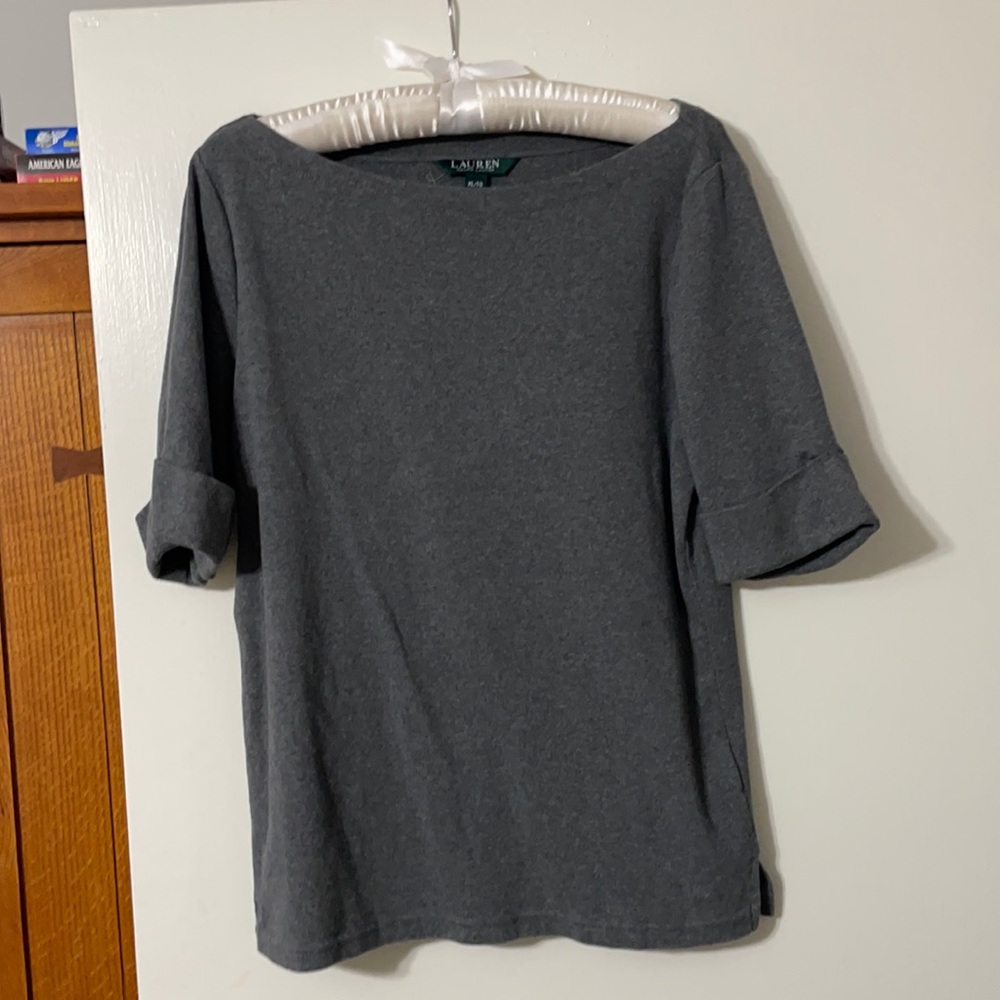 Light weight boat neck sweater.  Cuffed sleeve, 2 1/2” slot on each side